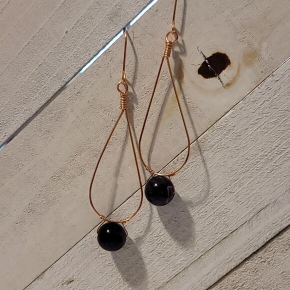 Handmade Teardrop Amethyst Dangle Earrings Copper Wire Wrapped Gemstone - Picture 6 of 8